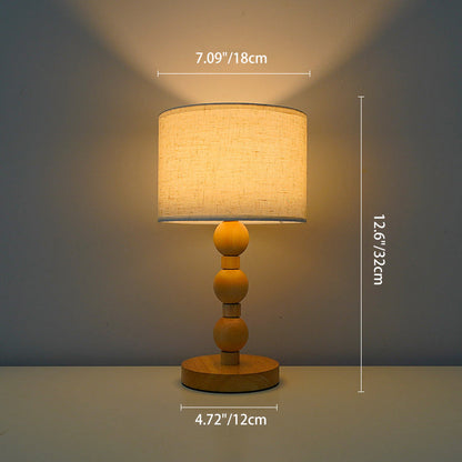 Contemporary Retro USB Cylinder Fabric Shade Wood Bead Base LED Table Lamp For Bedroom