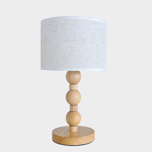 Contemporary Retro USB Cylinder Fabric Shade Wood Bead Base LED Table Lamp For Bedroom