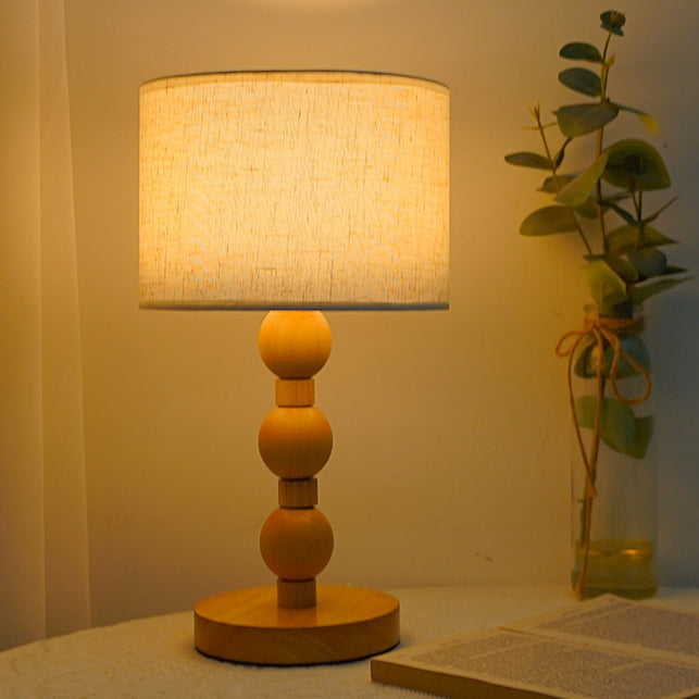 Contemporary Retro USB Cylinder Fabric Shade Wood Bead Base LED Table Lamp For Bedroom