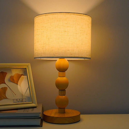 Contemporary Retro USB Cylinder Fabric Shade Wood Bead Base LED Table Lamp For Bedroom