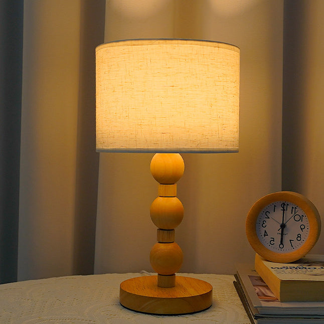 Contemporary Retro USB Cylinder Fabric Shade Wood Bead Base LED Table Lamp For Bedroom