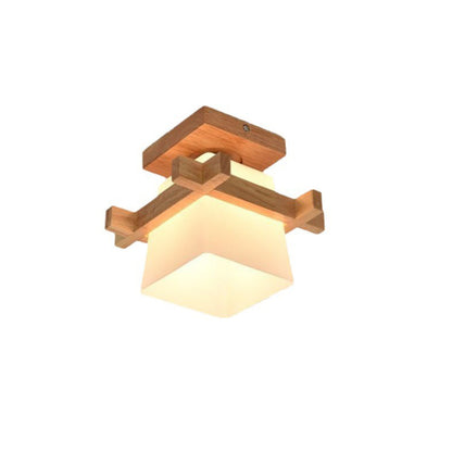 Traditional Chinese Trapezoid Glass Shade Wood 1-Light Semi-Flush Mount Ceiling Light For Bedroom
