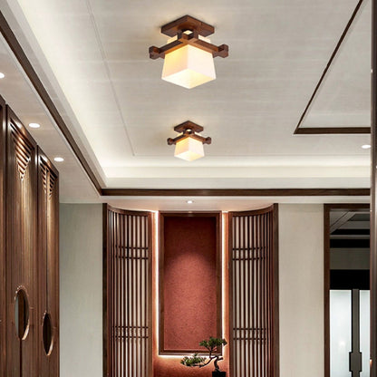 Traditional Chinese Trapezoid Glass Shade Wood 1-Light Semi-Flush Mount Ceiling Light For Bedroom