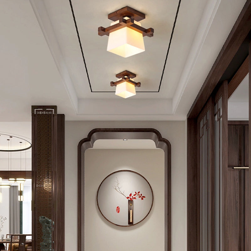 Traditional Chinese Trapezoid Glass Shade Wood 1-Light Semi-Flush Mount Ceiling Light For Bedroom