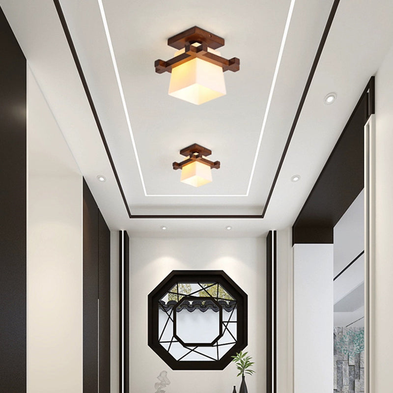 Traditional Chinese Trapezoid Glass Shade Wood 1-Light Semi-Flush Mount Ceiling Light For Bedroom
