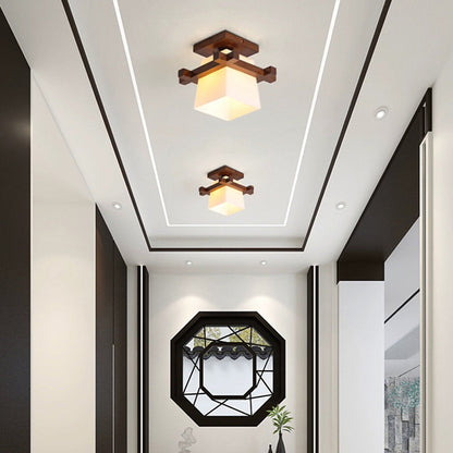 Traditional Chinese Trapezoid Glass Shade Wood 1-Light Semi-Flush Mount Ceiling Light For Bedroom