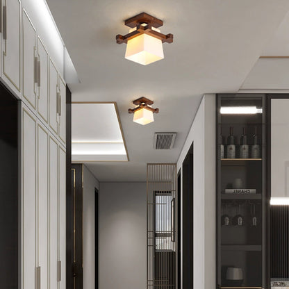 Traditional Chinese Trapezoid Glass Shade Wood 1-Light Semi-Flush Mount Ceiling Light For Bedroom