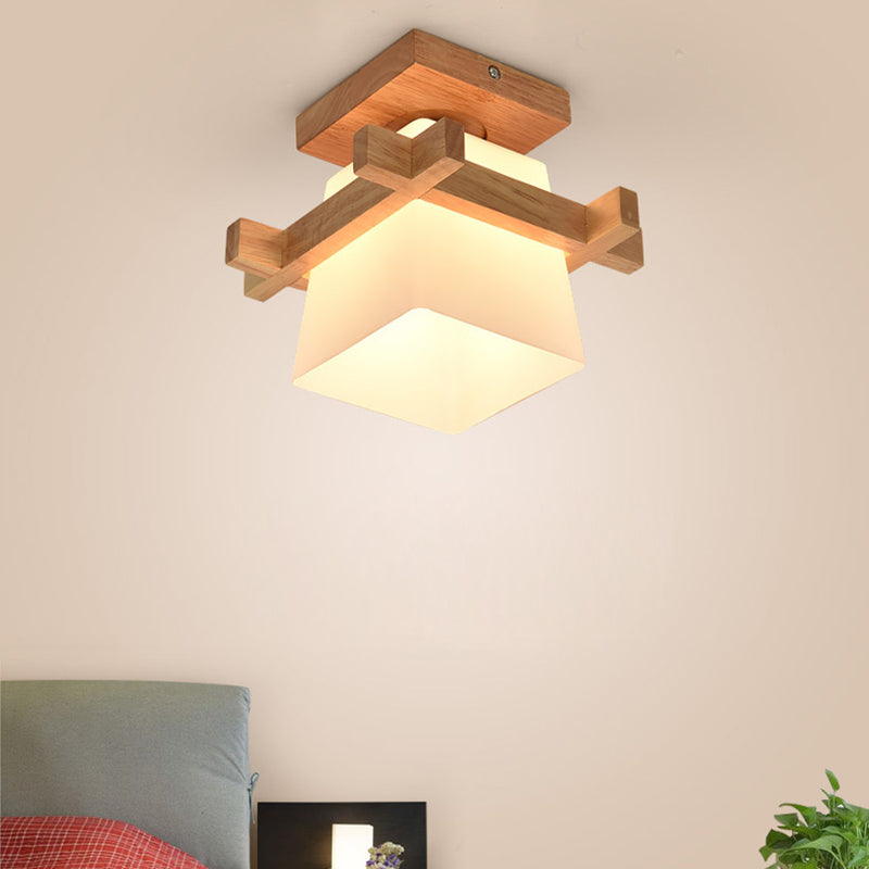 Traditional Chinese Trapezoid Glass Shade Wood 1-Light Semi-Flush Mount Ceiling Light For Bedroom