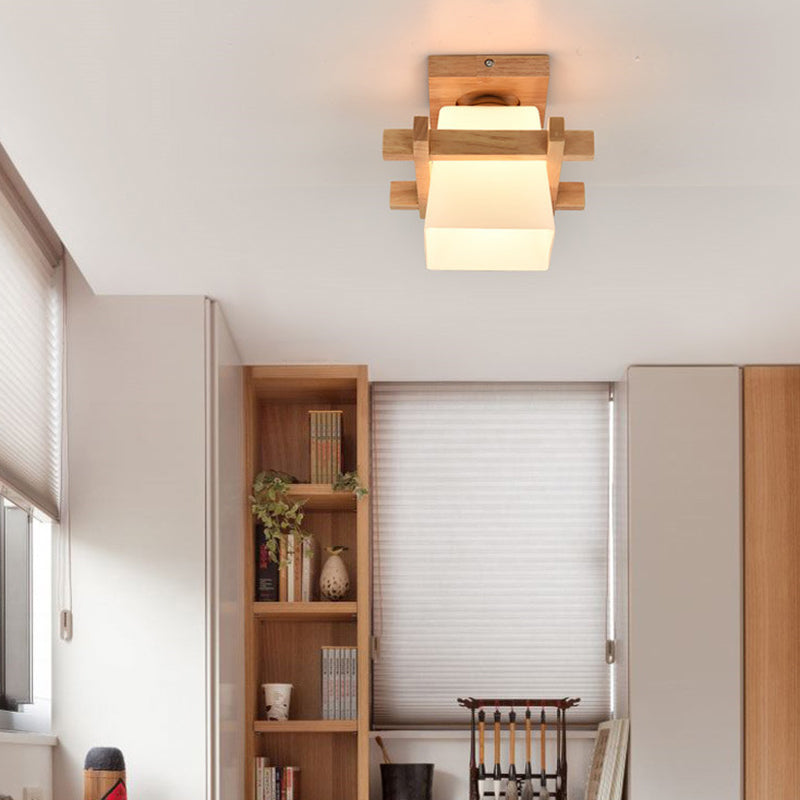 Traditional Chinese Trapezoid Glass Shade Wood 1-Light Semi-Flush Mount Ceiling Light For Bedroom