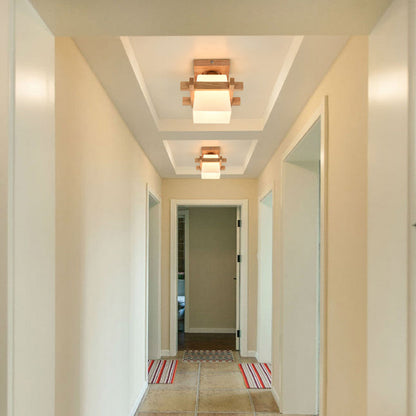 Traditional Chinese Trapezoid Glass Shade Wood 1-Light Semi-Flush Mount Ceiling Light For Bedroom