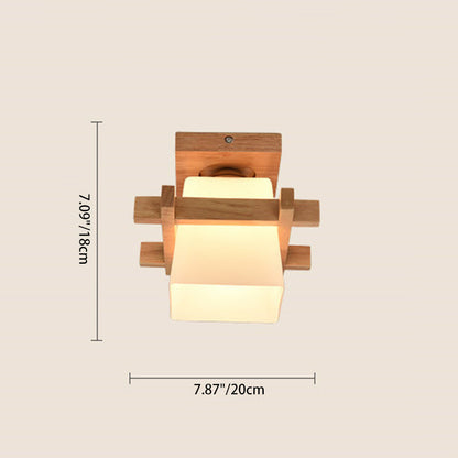 Traditional Chinese Trapezoid Glass Shade Wood 1-Light Semi-Flush Mount Ceiling Light For Bedroom