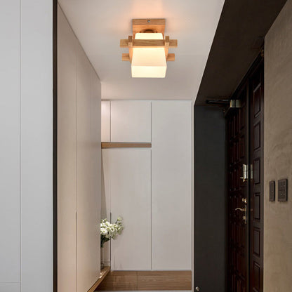 Traditional Chinese Trapezoid Glass Shade Wood 1-Light Semi-Flush Mount Ceiling Light For Bedroom