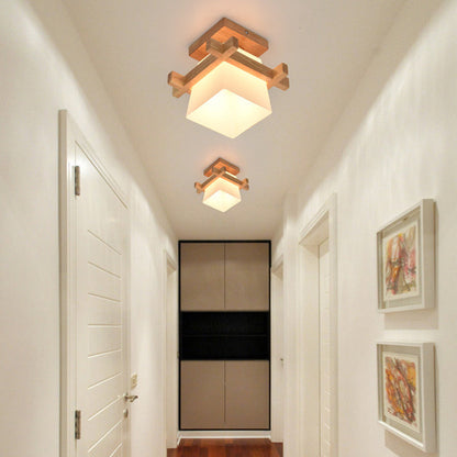 Traditional Chinese Trapezoid Glass Shade Wood 1-Light Semi-Flush Mount Ceiling Light For Bedroom
