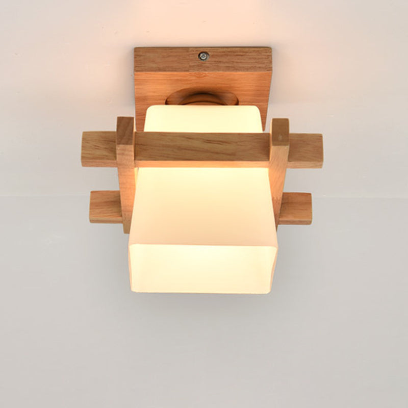 Traditional Chinese Trapezoid Glass Shade Wood 1-Light Semi-Flush Mount Ceiling Light For Bedroom