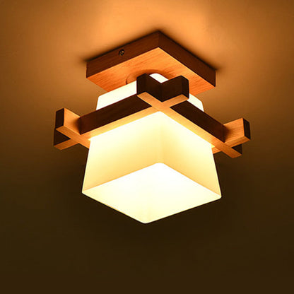 Traditional Chinese Trapezoid Glass Shade Wood 1-Light Semi-Flush Mount Ceiling Light For Bedroom