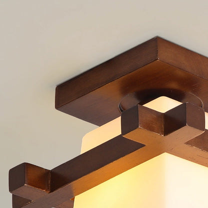 Traditional Chinese Trapezoid Glass Shade Wood 1-Light Semi-Flush Mount Ceiling Light For Bedroom