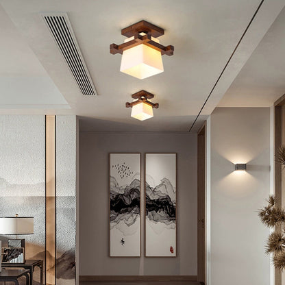 Traditional Chinese Trapezoid Glass Shade Wood 1-Light Semi-Flush Mount Ceiling Light For Bedroom
