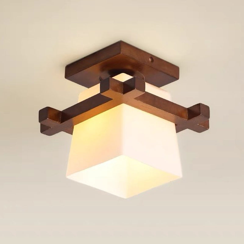 Traditional Chinese Trapezoid Glass Shade Wood 1-Light Semi-Flush Mount Ceiling Light For Bedroom