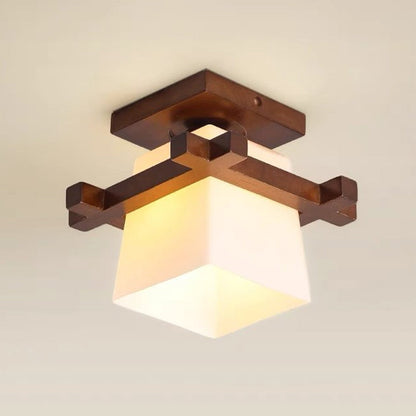 Traditional Chinese Trapezoid Glass Shade Wood 1-Light Semi-Flush Mount Ceiling Light For Bedroom