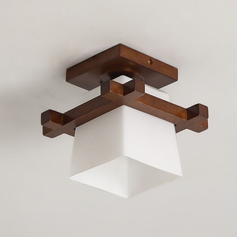 Traditional Chinese Trapezoid Glass Shade Wood 1-Light Semi-Flush Mount Ceiling Light For Bedroom