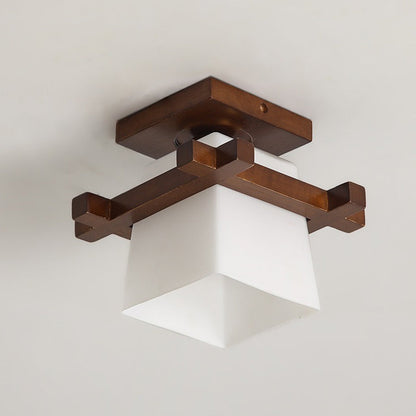 Traditional Chinese Trapezoid Glass Shade Wood 1-Light Semi-Flush Mount Ceiling Light For Bedroom
