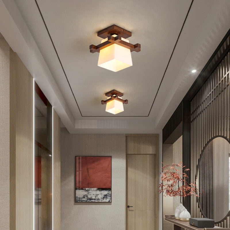 Traditional Chinese Trapezoid Glass Shade Wood 1-Light Semi-Flush Mount Ceiling Light For Bedroom