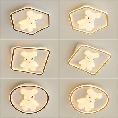 Contemporary Creative Kids Cartoon Bear Round Square Polygon Shape Aluminum PE LED Semi-Flush Mount Ceiling Light For Living Room