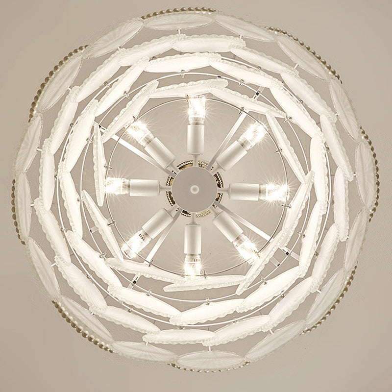 Traditional French Round Base Shell Pearl Frosted Glass Iron 5/7/9/12/21/8-Light Chandelier For Living Room