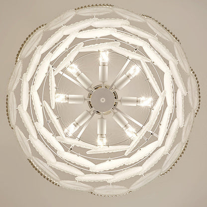 Traditional French Round Base Shell Pearl Frosted Glass Iron 5/7/9/12/21/8-Light Chandelier For Living Room