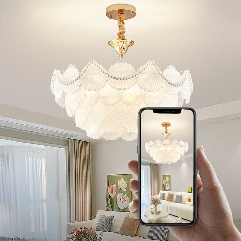 Traditional French Round Base Shell Pearl Frosted Glass Iron 5/7/9/12/21/8-Light Chandelier For Living Room
