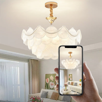 Traditional French Round Base Shell Pearl Frosted Glass Iron 5/7/9/12/21/8-Light Chandelier For Living Room