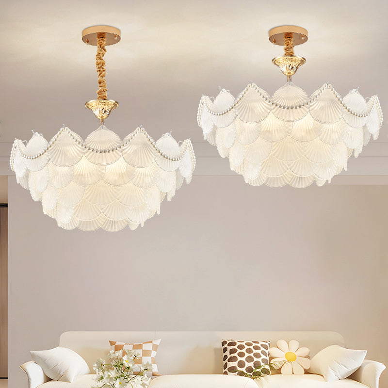 Traditional French Round Base Shell Pearl Frosted Glass Iron 5/7/9/12/21/8-Light Chandelier For Living Room