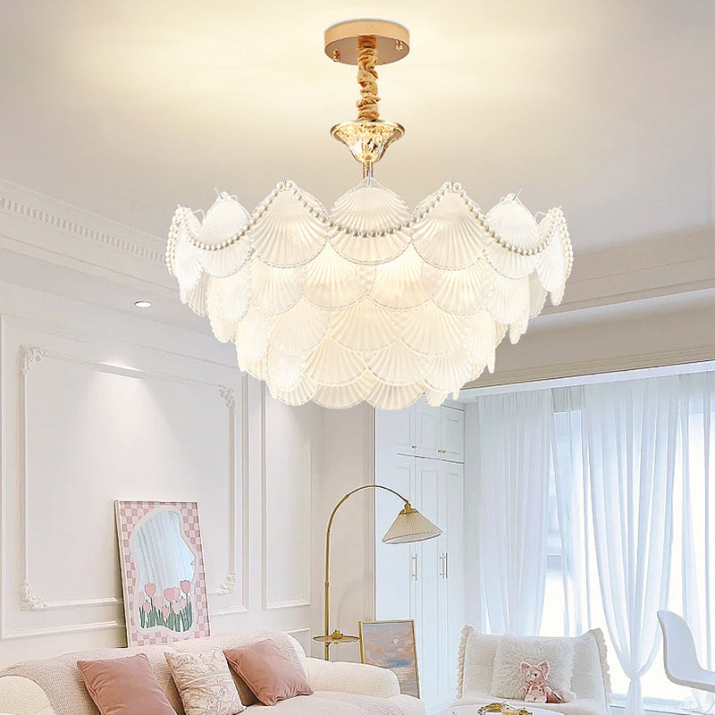 Traditional French Round Base Shell Pearl Frosted Glass Iron 5/7/9/12/21/8-Light Chandelier For Living Room