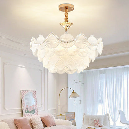 Traditional French Round Base Shell Pearl Frosted Glass Iron 5/7/9/12/21/8-Light Chandelier For Living Room
