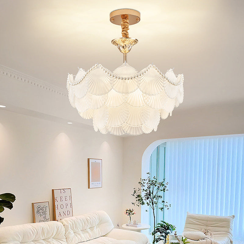 Traditional French Round Base Shell Pearl Frosted Glass Iron 5/7/9/12/21/8-Light Chandelier For Living Room