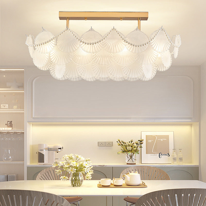 Traditional French Round Base Shell Pearl Frosted Glass Iron 5/7/9/12/21/8-Light Chandelier For Living Room