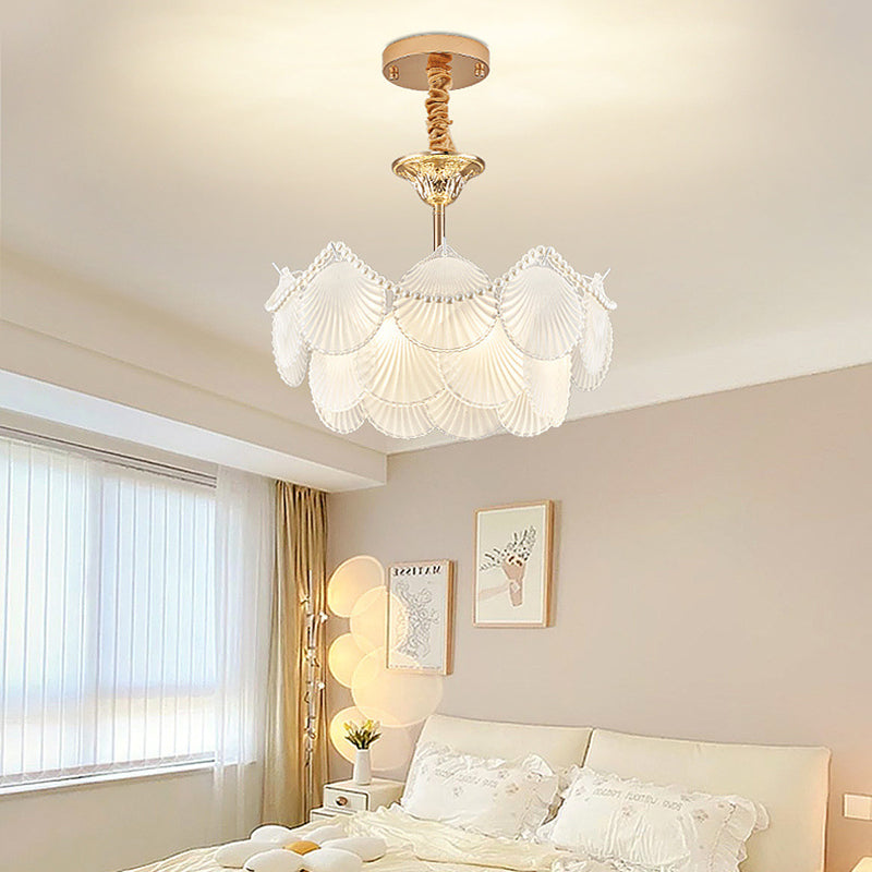 Traditional French Round Base Shell Pearl Frosted Glass Iron 5/7/9/12/21/8-Light Chandelier For Living Room