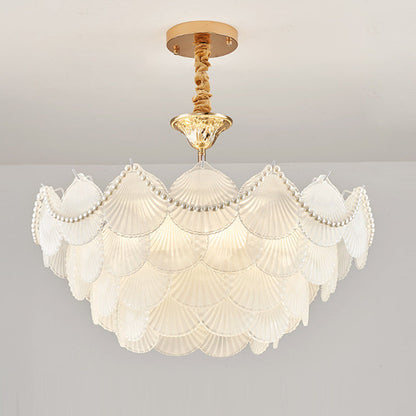 Traditional French Round Base Shell Pearl Frosted Glass Iron 5/7/9/12/21/8-Light Chandelier For Living Room