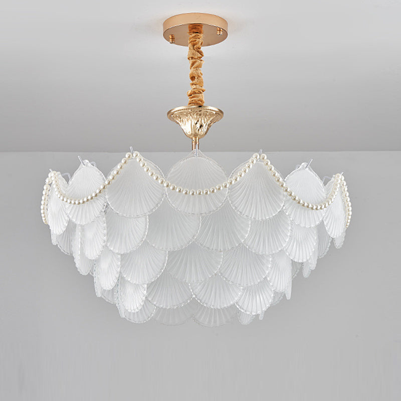 Traditional French Round Base Shell Pearl Frosted Glass Iron 5/7/9/12/21/8-Light Chandelier For Living Room