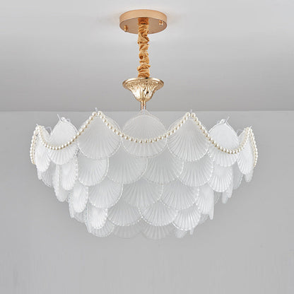 Traditional French Round Base Shell Pearl Frosted Glass Iron 5/7/9/12/21/8-Light Chandelier For Living Room