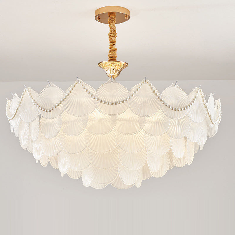 Traditional French Round Base Shell Pearl Frosted Glass Iron 5/7/9/12/21/8-Light Chandelier For Living Room