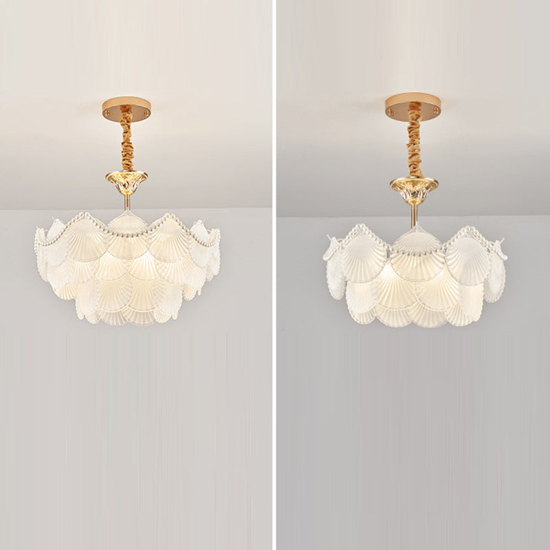 Traditional French Round Base Shell Pearl Frosted Glass Iron 5/7/9/12/21/8-Light Chandelier For Living Room