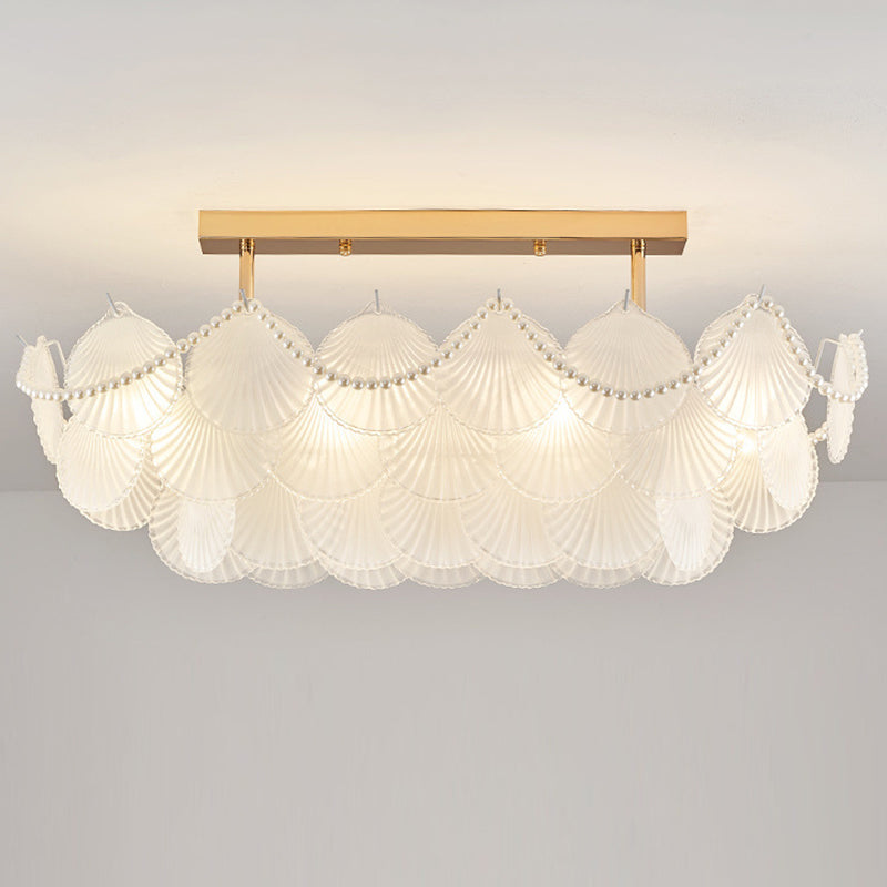 Traditional French Round Base Shell Pearl Frosted Glass Iron 5/7/9/12/21/8-Light Chandelier For Living Room