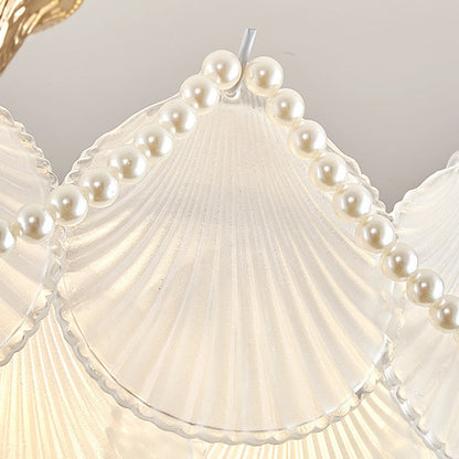 Traditional French Round Base Shell Pearl Frosted Glass Iron 5/7/9/12/21/8-Light Chandelier For Living Room