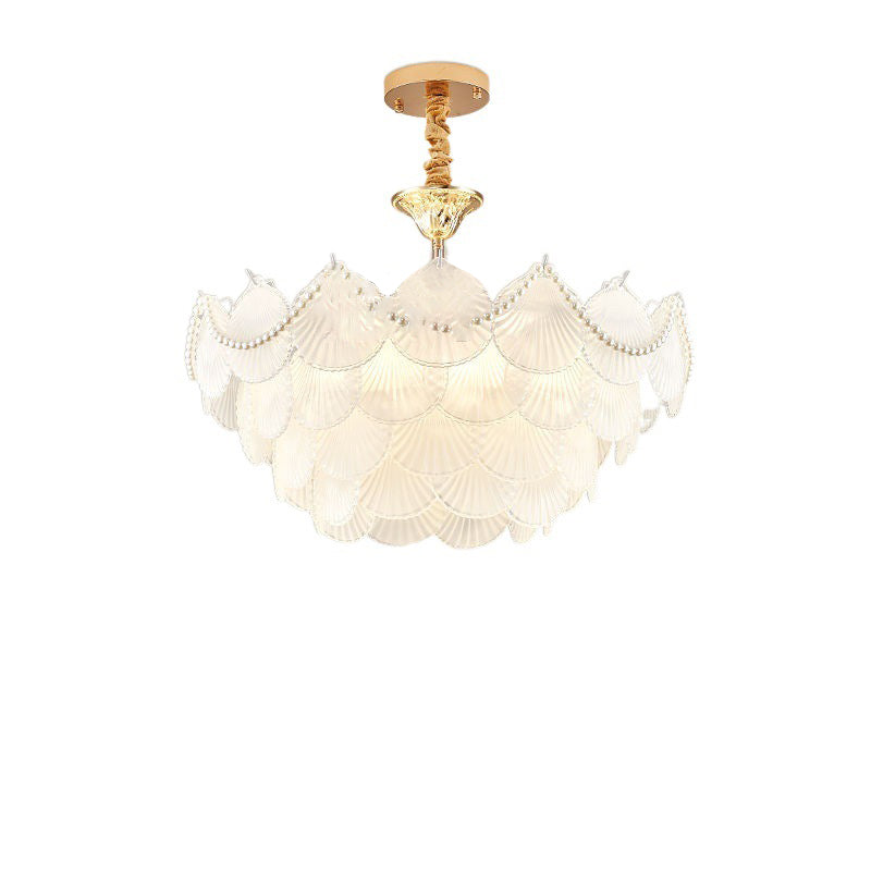 Traditional French Round Base Shell Pearl Frosted Glass Iron 5/7/9/12/21/8-Light Chandelier For Living Room