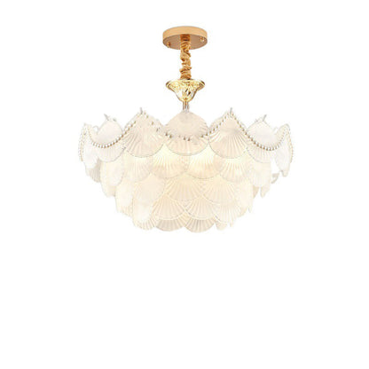 Traditional French Round Base Shell Pearl Frosted Glass Iron 5/7/9/12/21/8-Light Chandelier For Living Room