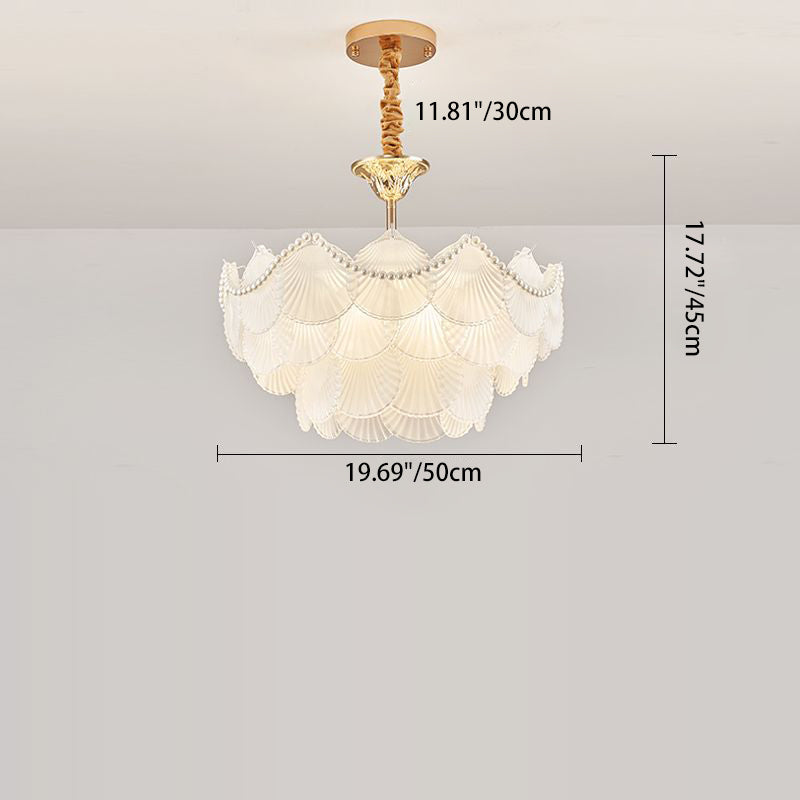 Traditional French Round Base Shell Pearl Frosted Glass Iron 5/7/9/12/21/8-Light Chandelier For Living Room