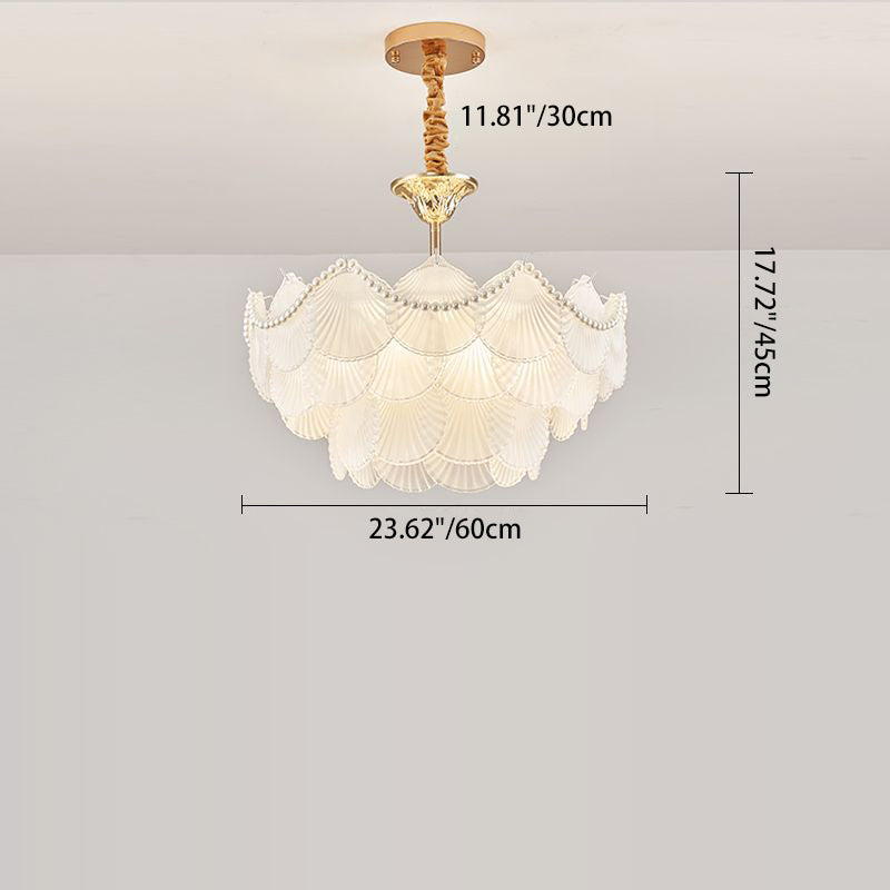 Traditional French Round Base Shell Pearl Frosted Glass Iron 5/7/9/12/21/8-Light Chandelier For Living Room