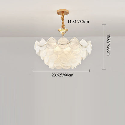 Traditional French Round Base Shell Pearl Frosted Glass Iron 5/7/9/12/21/8-Light Chandelier For Living Room