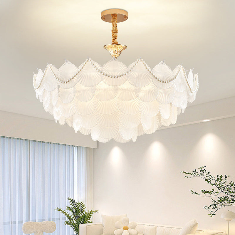Traditional French Round Base Shell Pearl Frosted Glass Iron 5/7/9/12/21/8-Light Chandelier For Living Room